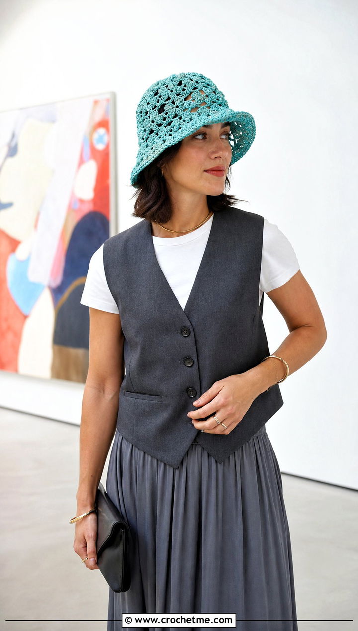 Lace Stitch Crochet Pilgrim Hat With Tailored Vest - 25 Crochet Pilgrim Hat outfit ideas