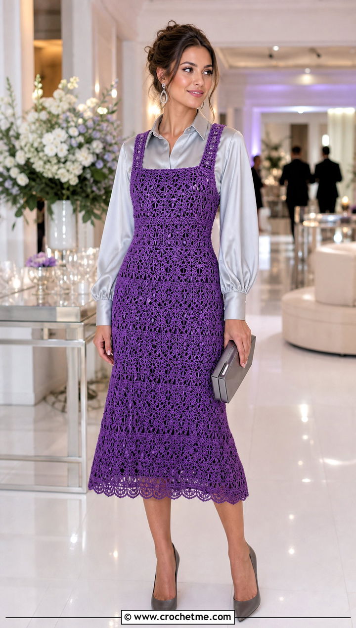 Lace Stitch Crochet Pinafore Dress With Satin Blouse - 35 Crochet Overall Dress outfit ideas