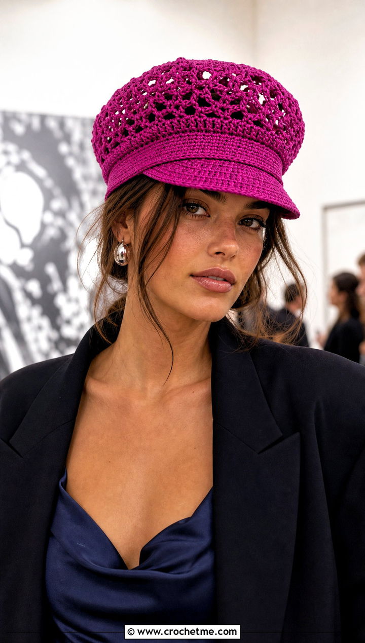 Lace Stitch Crochet Police Hat With Slip Dress And Blazer - 30 crochet police hat outfit ideas