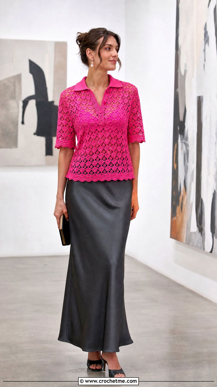 Lace Stitch Crochet Polo Shirt With Bias Maxi Skirt - 35 crochet polo shirt outfit ideas