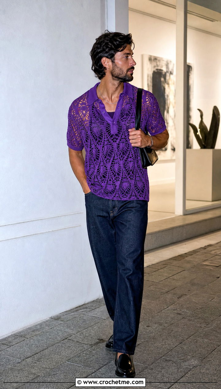 Lace Stitch Crochet Polo With Dark Denim - 15 Mens Crochet Polo Shirt outfit ideas