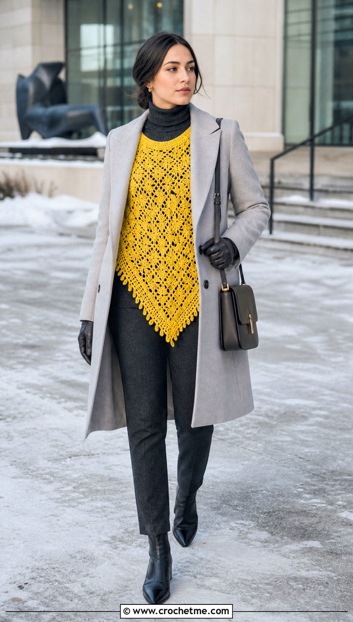 Lace Stitch Crochet Poncho With A Wool Coat - 15 Winter Crochet Poncho outfit ideas