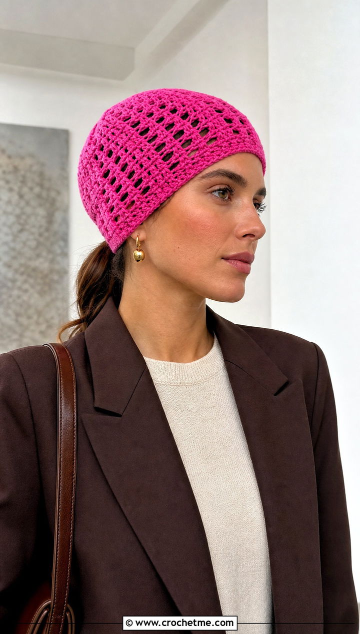 Lace Stitch Crochet Ponytail Hat With Blazer - 20 easy crochet ponytail hat outfit ideas