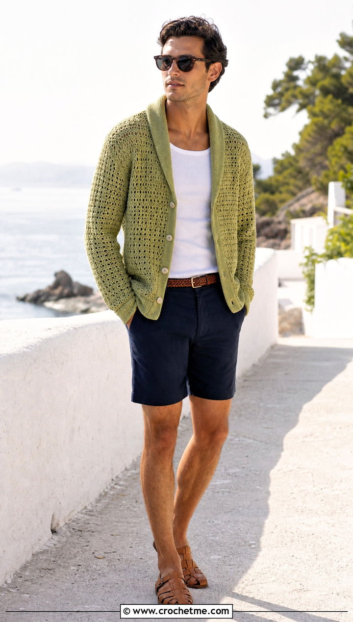 Lace Stitch Crochet Shawl Collar Cardigan With Shorts - 20 Mens Crochet Shawl Collar Cardigan outfit ideas