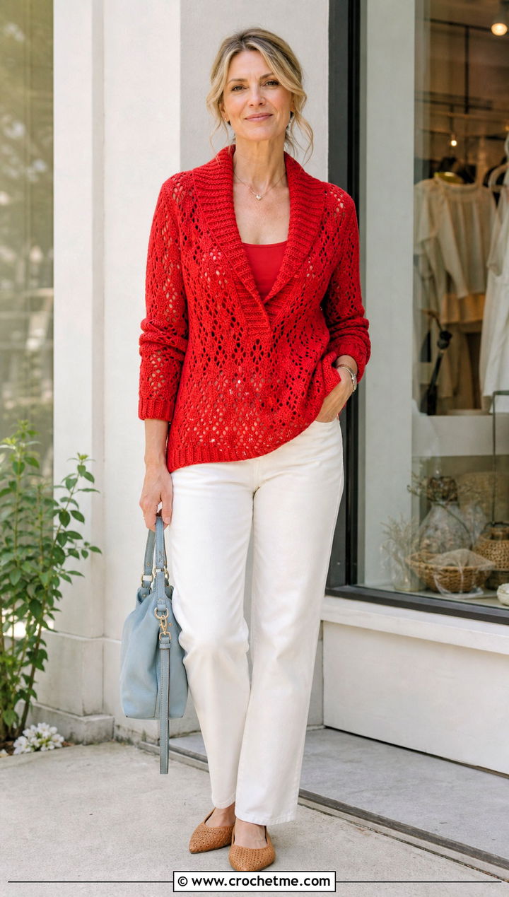 Lace Stitch Crochet Shawl Collar Sweater With White Jeans - 20 Crochet Shawl Collar Sweater outfit ideas