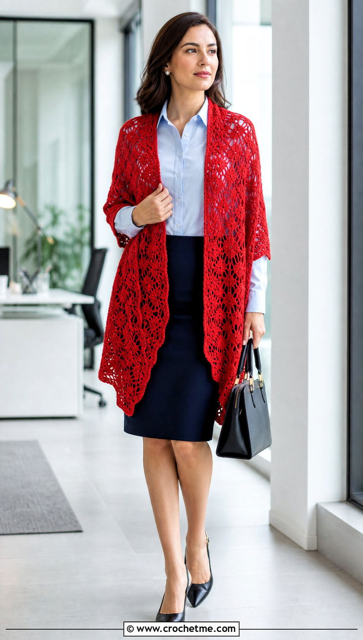 Lace Stitch Crochet Shawl With Pencil Skirt - 20 Crochet Shawl Worsted Weight Yarn outfit ideas