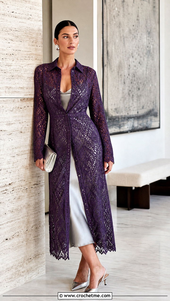 Lace Stitch Crochet Shirt Dress With Satin Slip - 35 crochet shirt dress outfit ideas