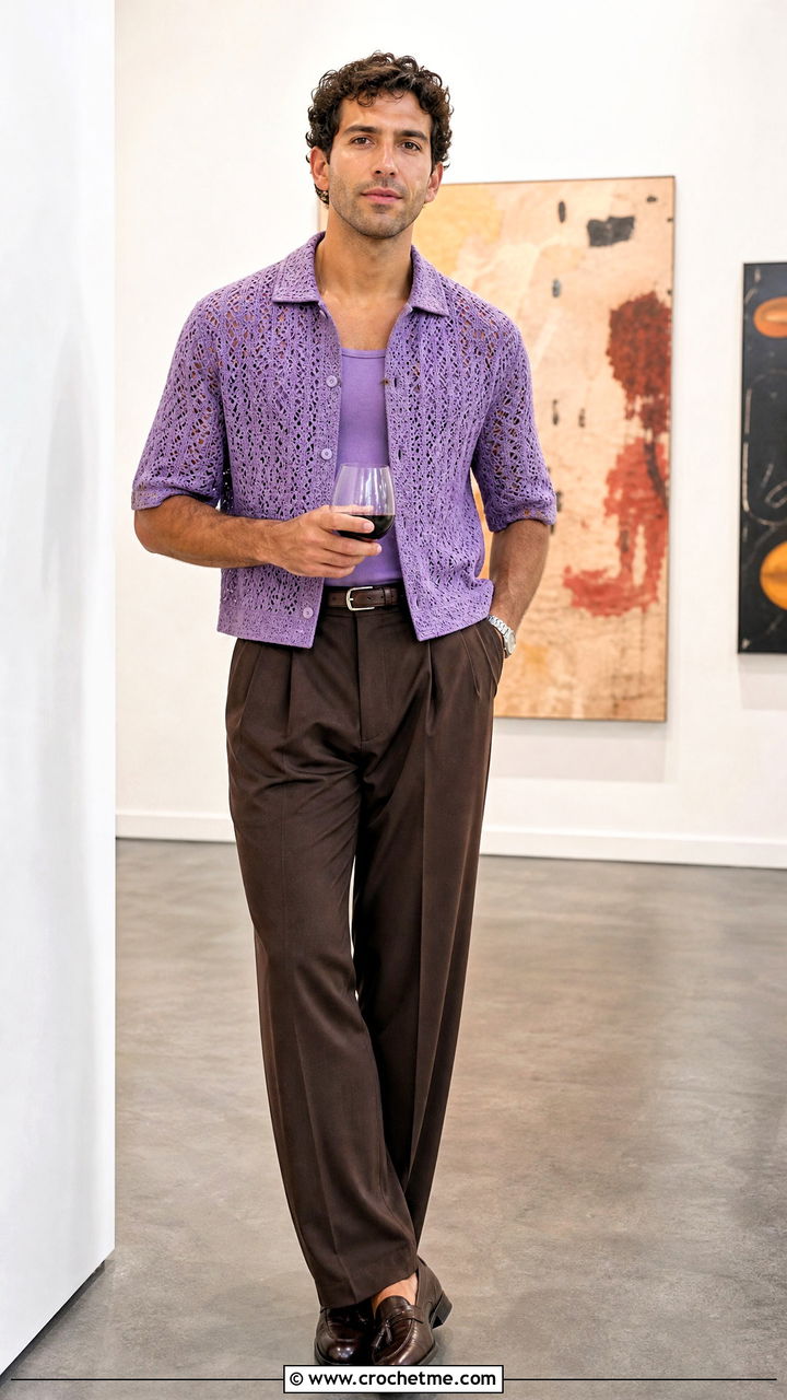Lace Stitch Crochet Shirt With Double Pleated Trousers - 35 crochet shirts for men outfit ideas