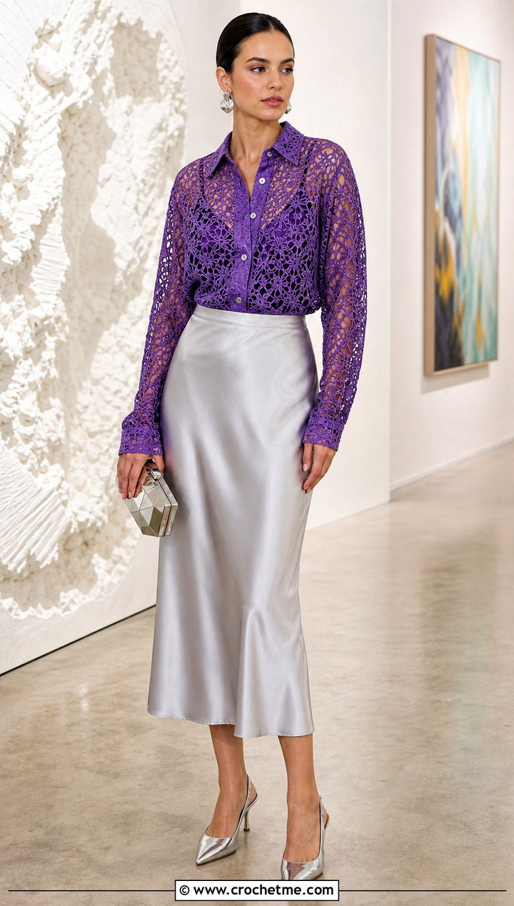 Lace Stitch Crochet Shirt With Satin Midi Skirt - 30 crochet unisex shirt outfit ideas