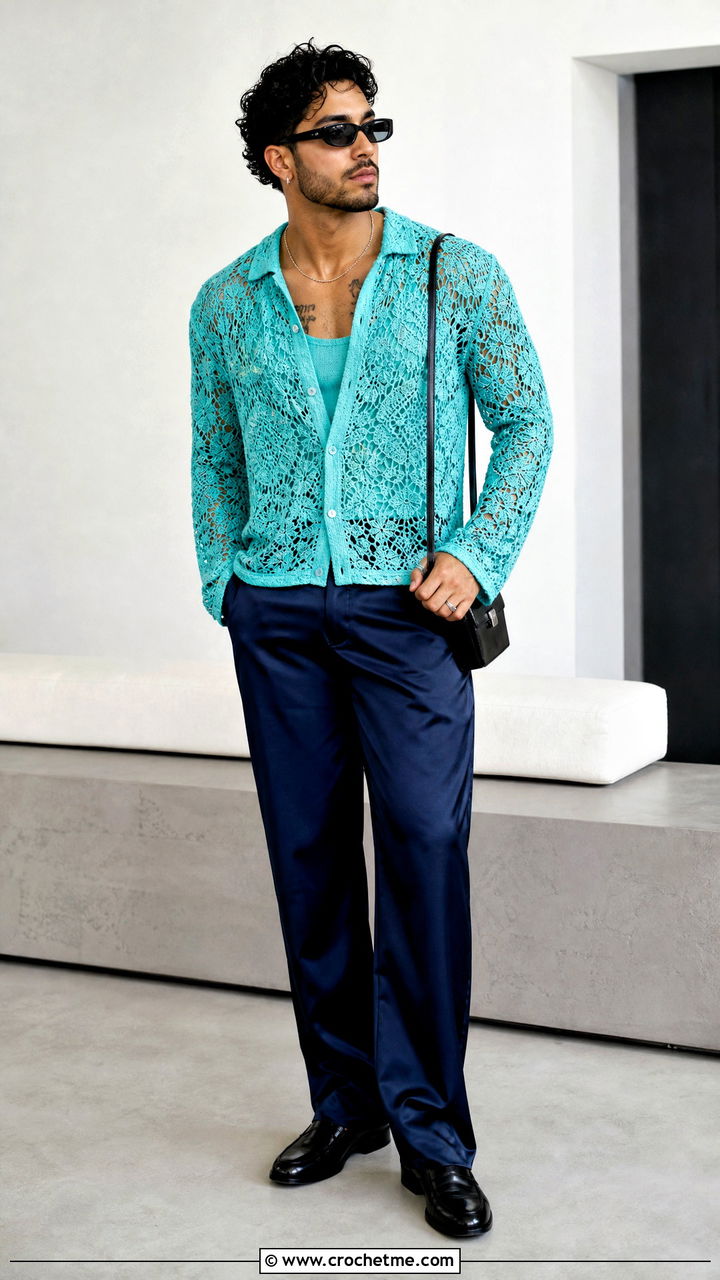 Lace Stitch Crochet Shirt With Satin Trousers - 35 mens crochet shirt outfit ideas