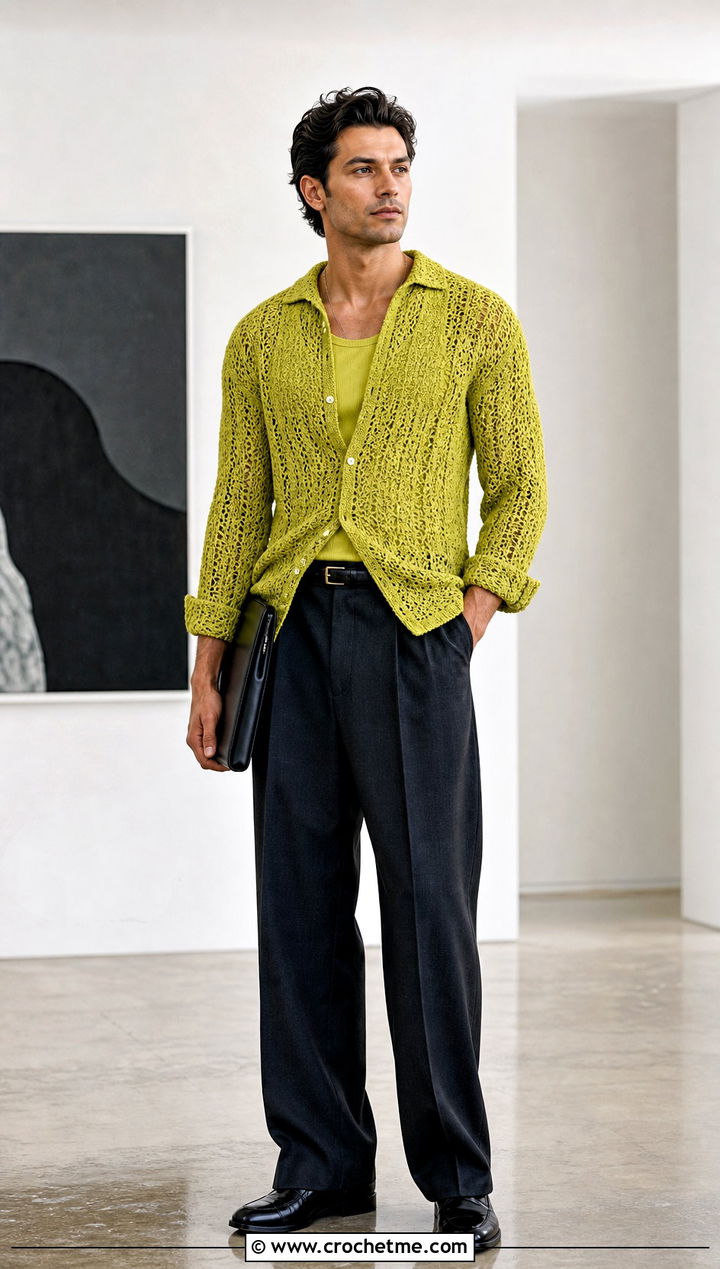 Lace Stitch Crochet Shirt With Suit Trousers - 35 Mens Crochet Top outfit ideas