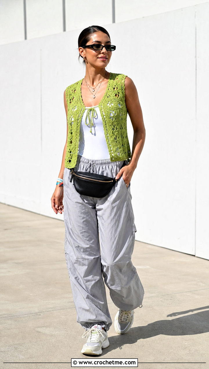 Lace Stitch Crochet Sleeveless Vest With Parachute Pants - 35 crochet sleeveless vest outfit ideas
