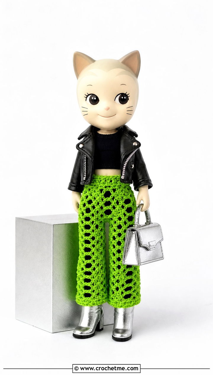 Lace Stitch Crochet Sonny Angel Pants With Faux Leather Jacket - 20 Crochet Sonny Angel Pants outfit ideas