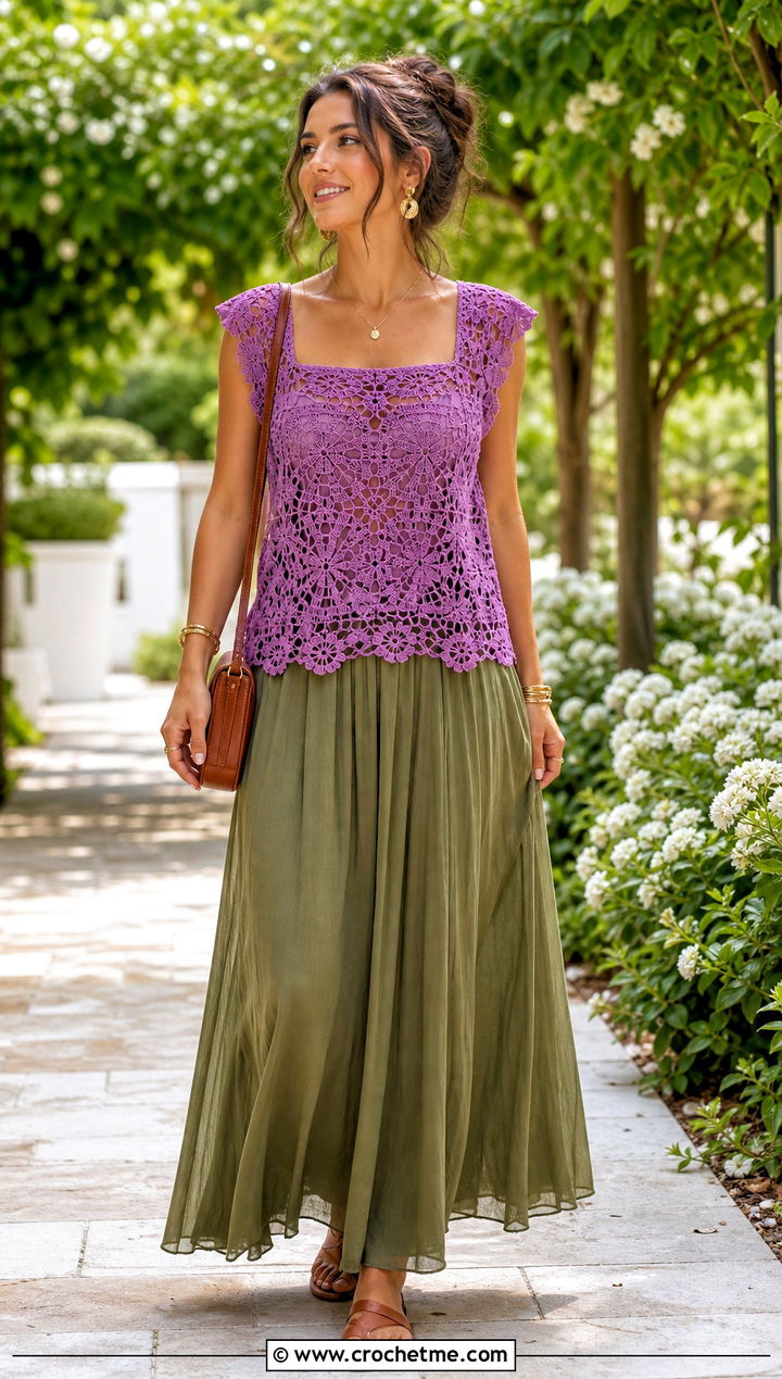 Lace Stitch Crochet Square Neck Top With Maxi Skirt - 35 crochet square neck top outfit ideas