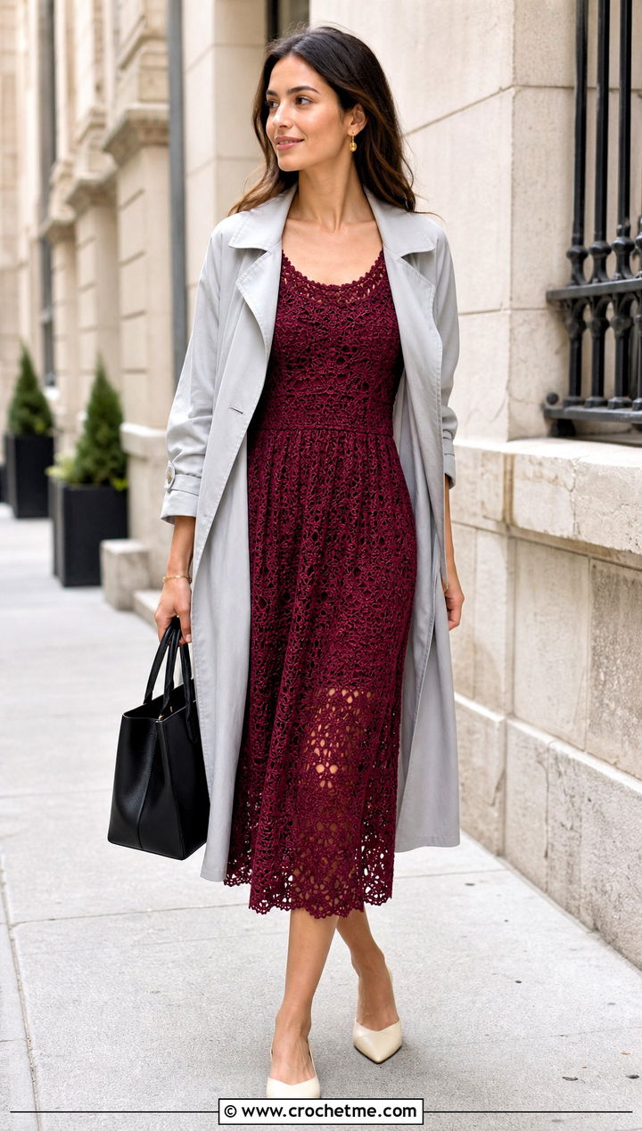 Lace Stitch Crochet Sun Dress With Trench Coat - 35 crochet sun dress outfit ideas
