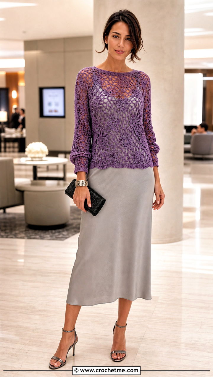 Lace Stitch Crochet Sweater Over a Slip Dress - 15 Crochet Sweater Aesthetic outfit ideas