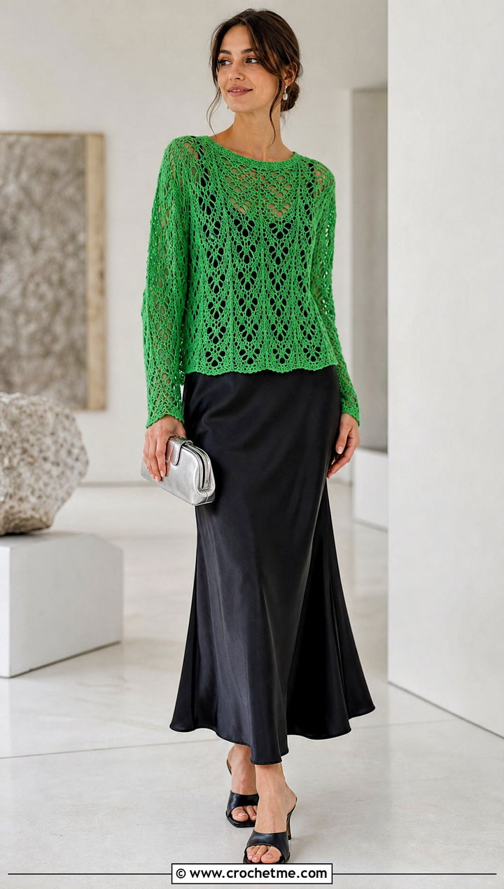 Lace Stitch Crochet Sweater Over a Slip Dress - 15 Bohemian Style Crochet Sweater outfit ideas