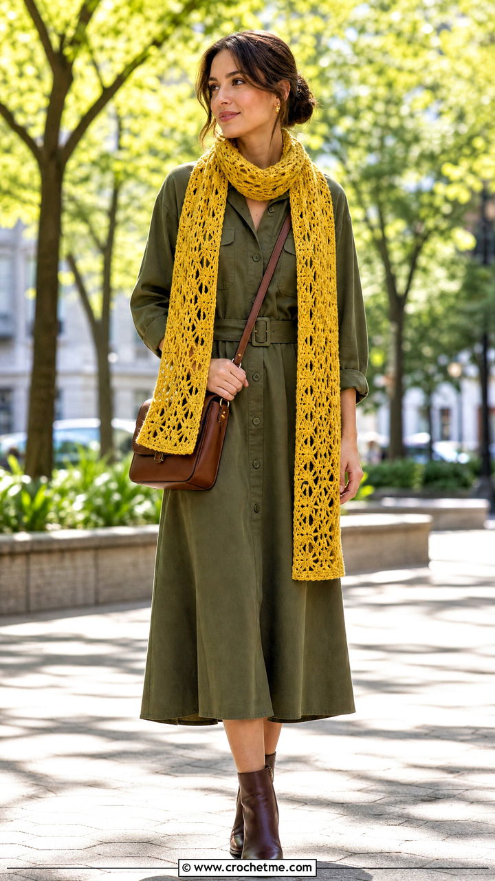 Lace Stitch Crochet Sweater Scarf With Utility Dress - 35 crochet sweater scarf outfit ideas