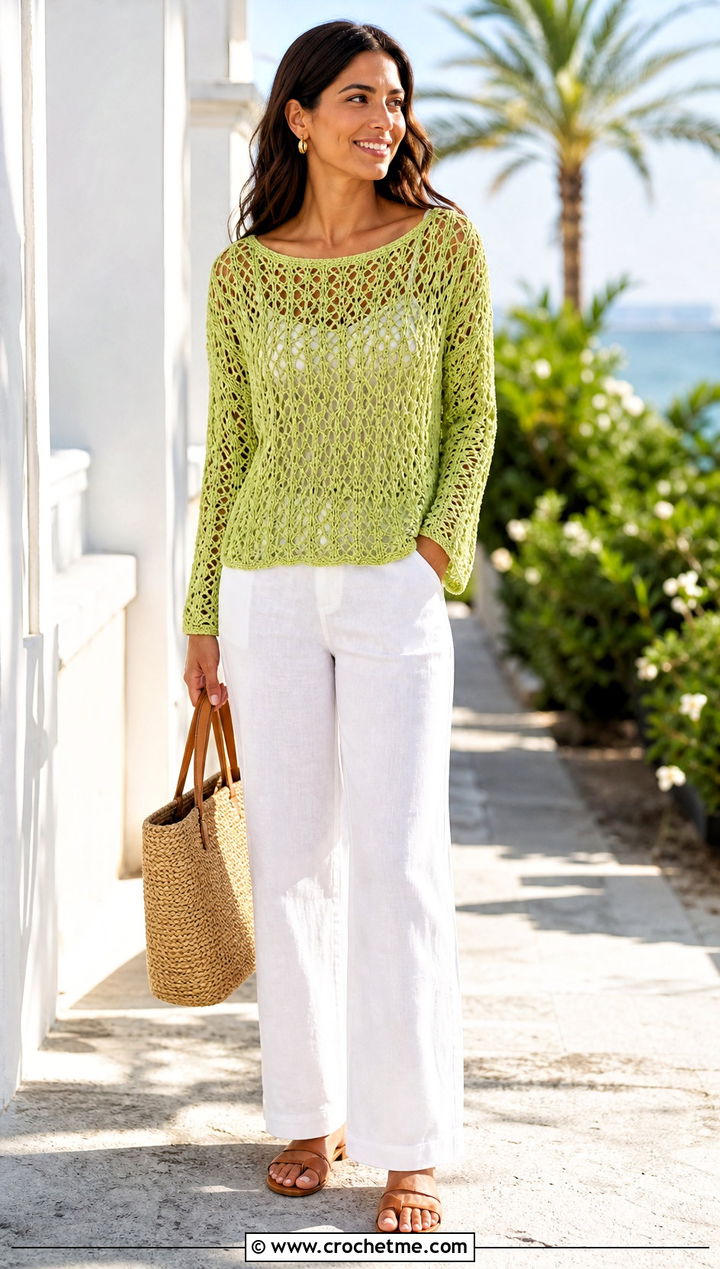 Lace Stitch Crochet Sweater With Linen Pants - 25 Crochet For Sweaters For Women outfit ideas