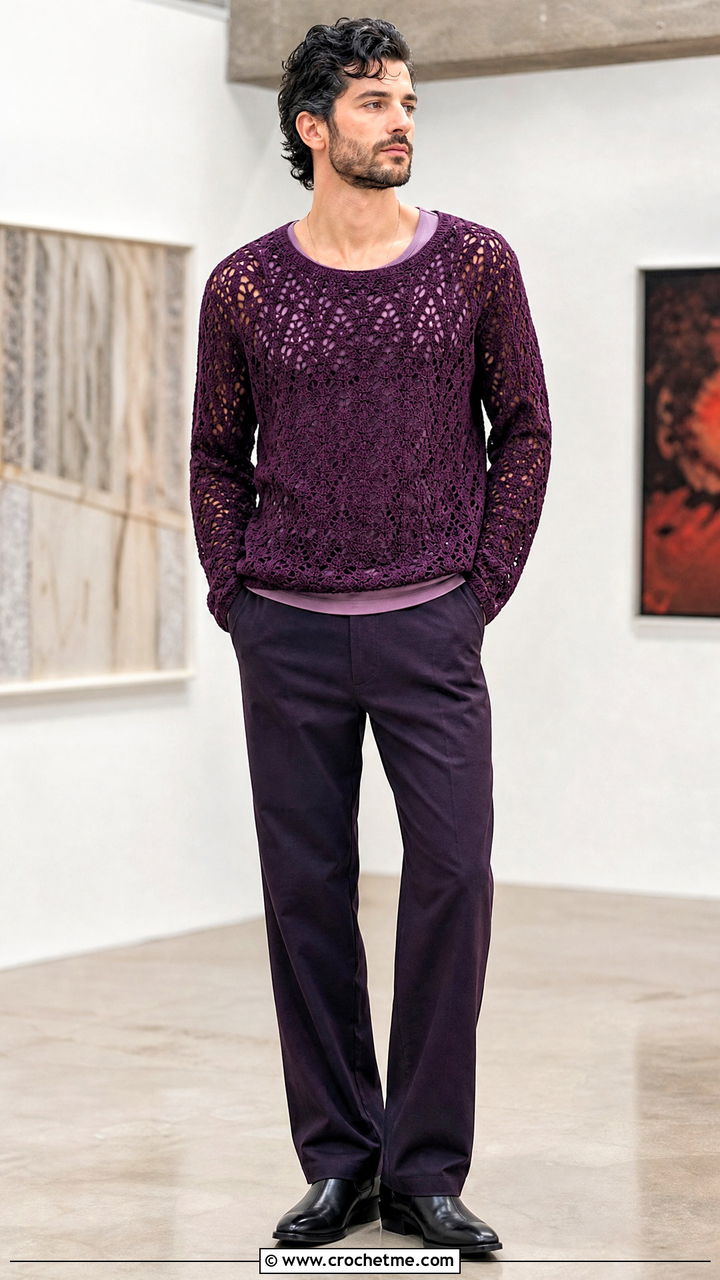 Lace Stitch Crochet Sweater With Monochrome Pants - 35 men crochet sweater outfit ideas