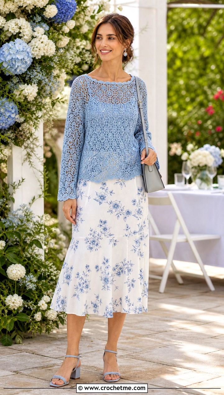 Lace Stitch Crochet Sweater With Printed Midi Skirt - 25 summer crochet sweaters outfit ideas