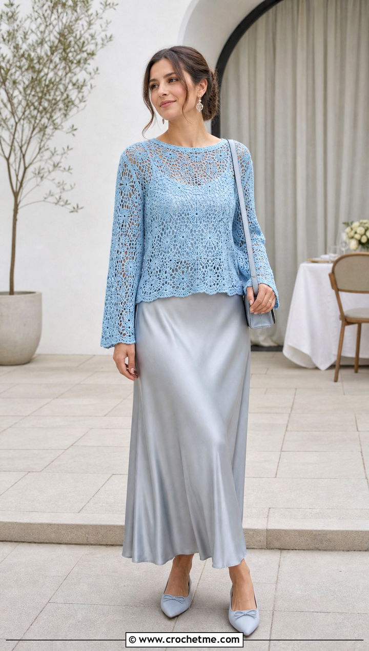 Lace Stitch Crochet Sweater With Satin Slip Skirt - 25 Boho Crochet Sweater outfit ideas