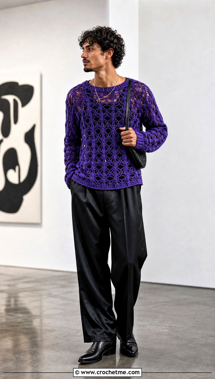 Lace Stitch Crochet Sweater With Satin Trousers - 30 men's crochet sweater outfit ideas