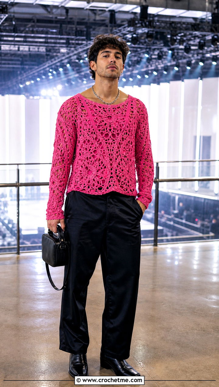 Lace Stitch Crochet Sweater With Satin Trousers - 35 crochet man sweaters outfit ideas