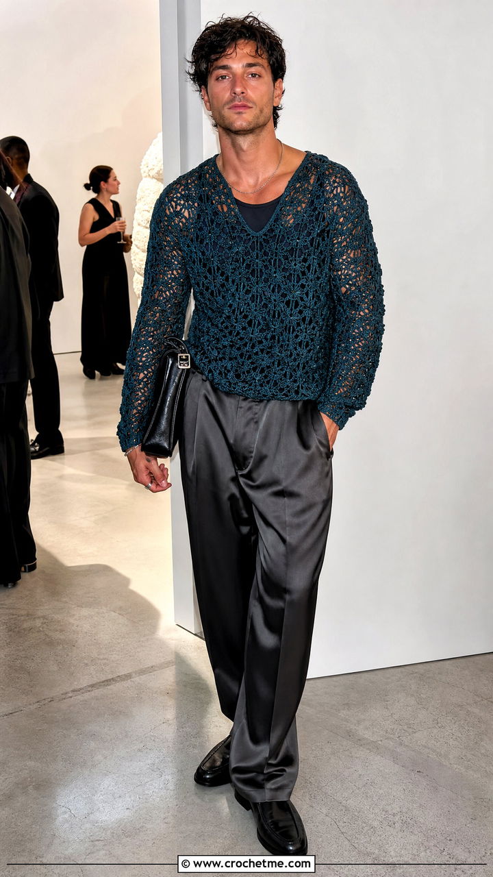 Lace Stitch Crochet Sweater With Satin Trousers - 35 crochet mens sweater outfit ideas