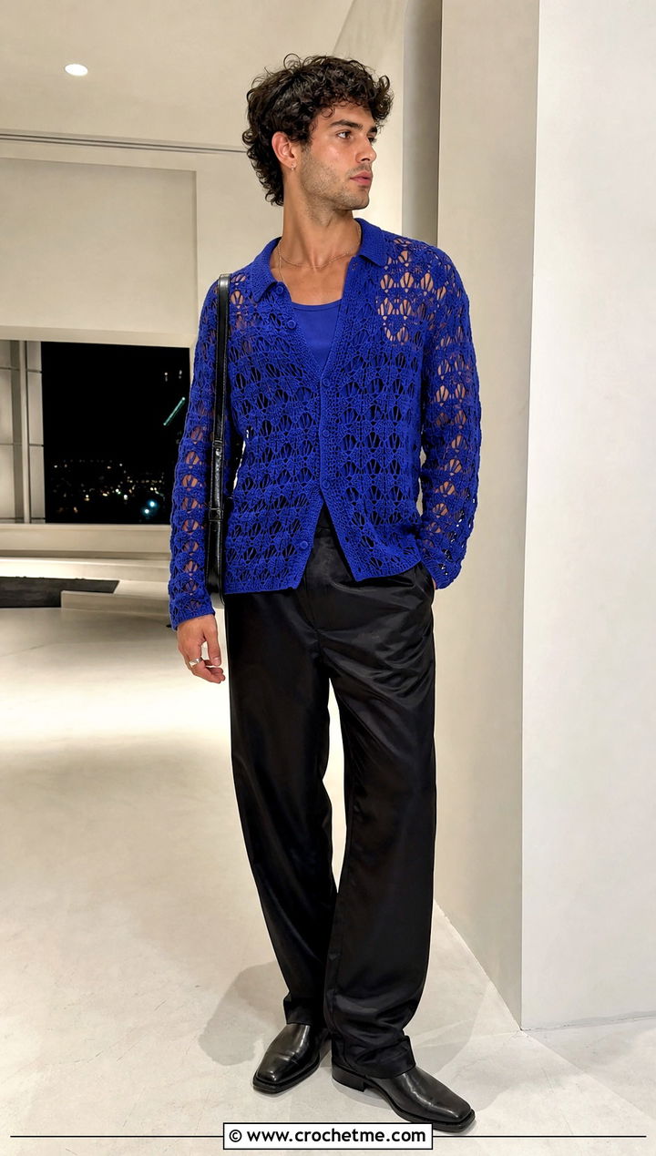 Lace Stitch Crochet Sweater With Satin Trousers - 25 Mens Crochet Sweaters outfit ideas