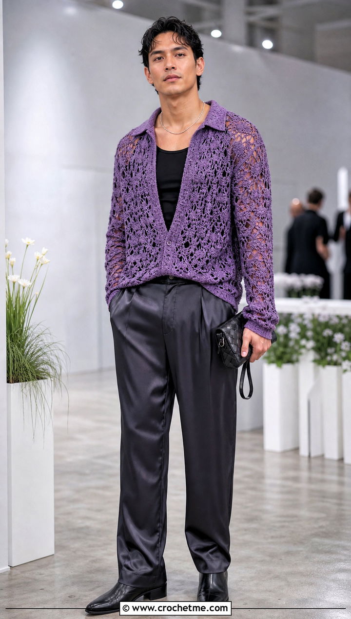 Lace Stitch Crochet Sweater With Satin Trousers - 30 crochet sweater for man outfit ideas