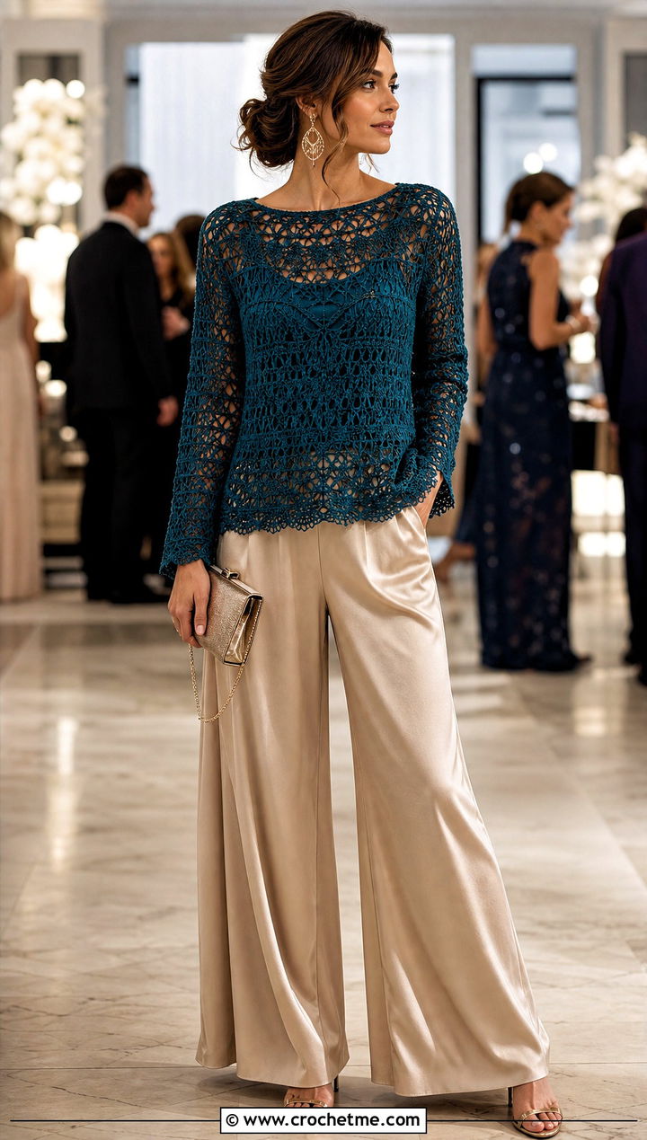 Lace Stitch Crochet Sweater With Silk Pants - 30 cool crochet sweater outfit ideas