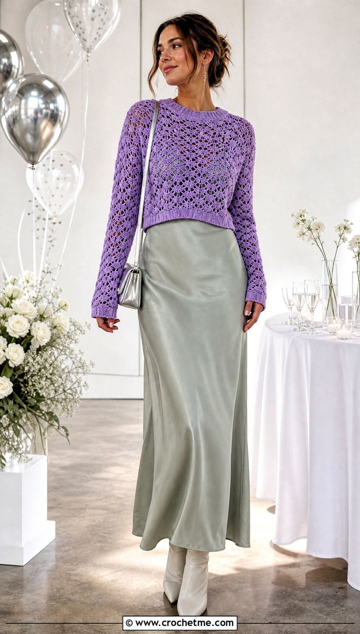 Lace Stitch Crochet Sweater With Slip Dress - 25 Funky Crochet Sweater outfit ideas