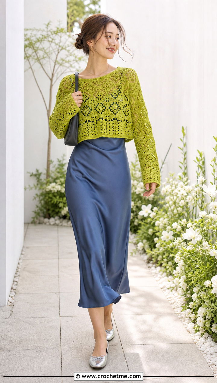 Lace Stitch Crochet Sweater With Slip Dress - 20 Easy Crochet Sweater For Women outfit ideas