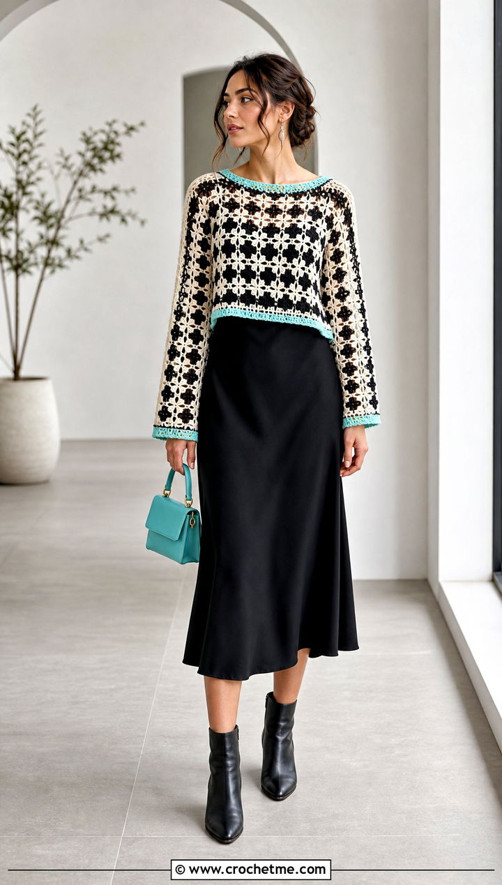 Lace Stitch Crochet Sweater With Slip Dress - 35 black and white crochet sweater outfit ideas