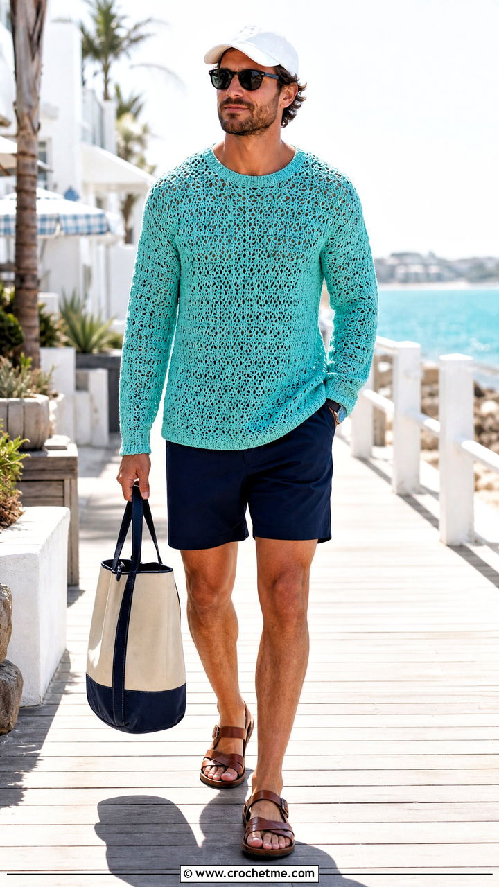 Lace Stitch Crochet Sweater With Swim Shorts - 35 crochet sweater for men outfit ideas