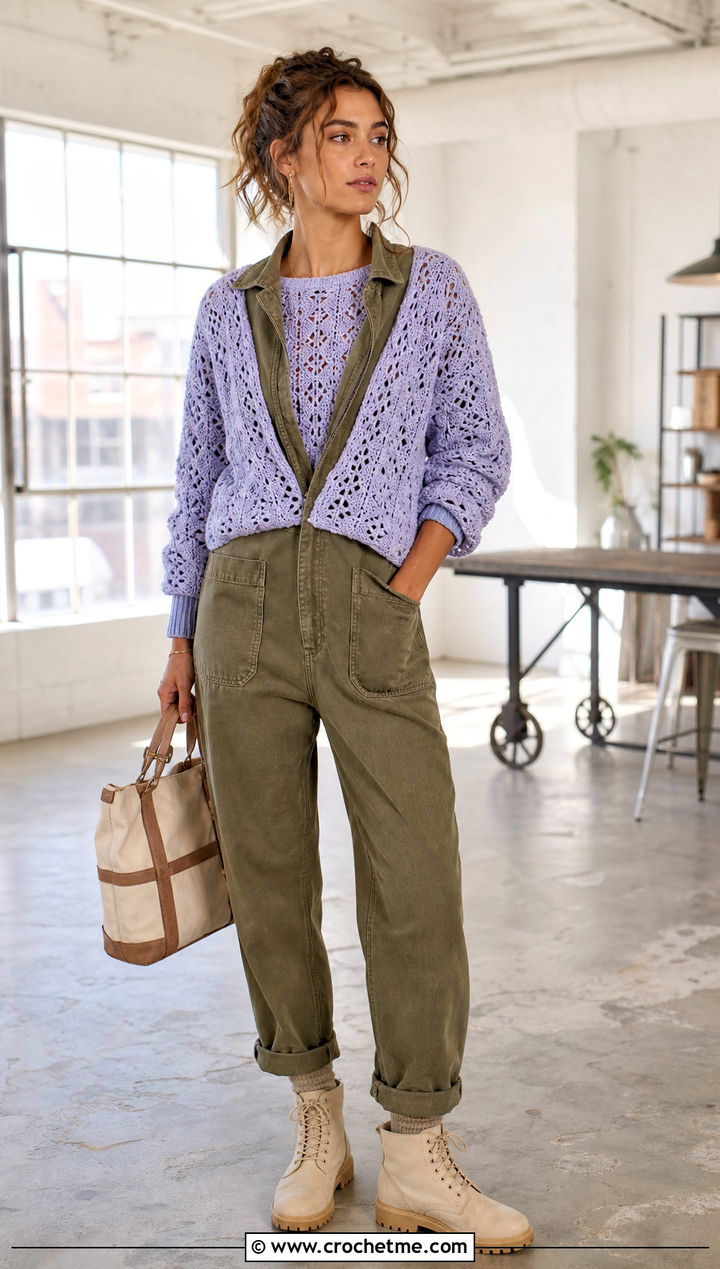 Lace Stitch Crochet Sweater With Utility Jumpsuit - 25 unisex crochet sweater outfit ideas