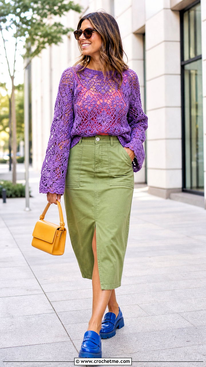 Lace Stitch Crochet Sweater With Utility Skirt - 35 crochet sweater design outfit ideas