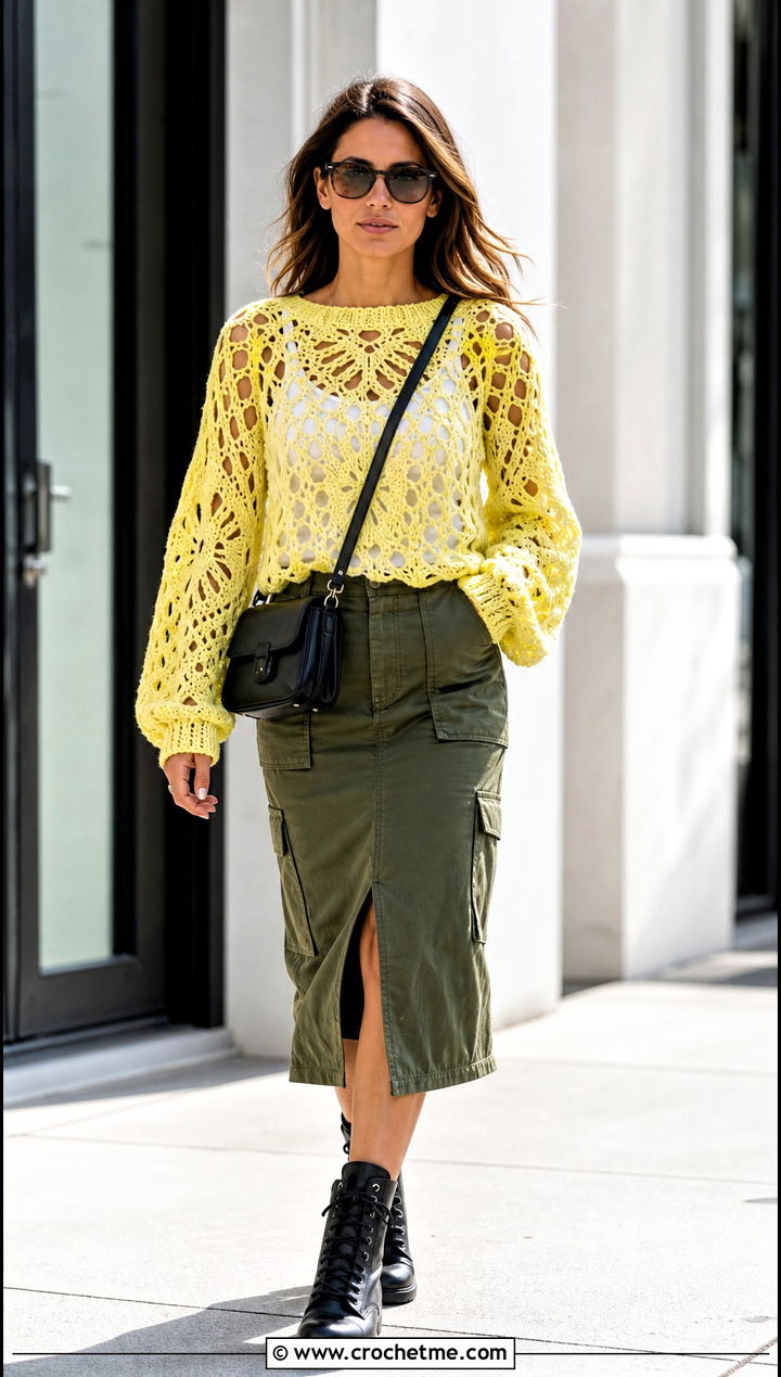 Lace Stitch Crochet Sweater With Utility Skirt - 30 unique crochet sweater outfit ideas