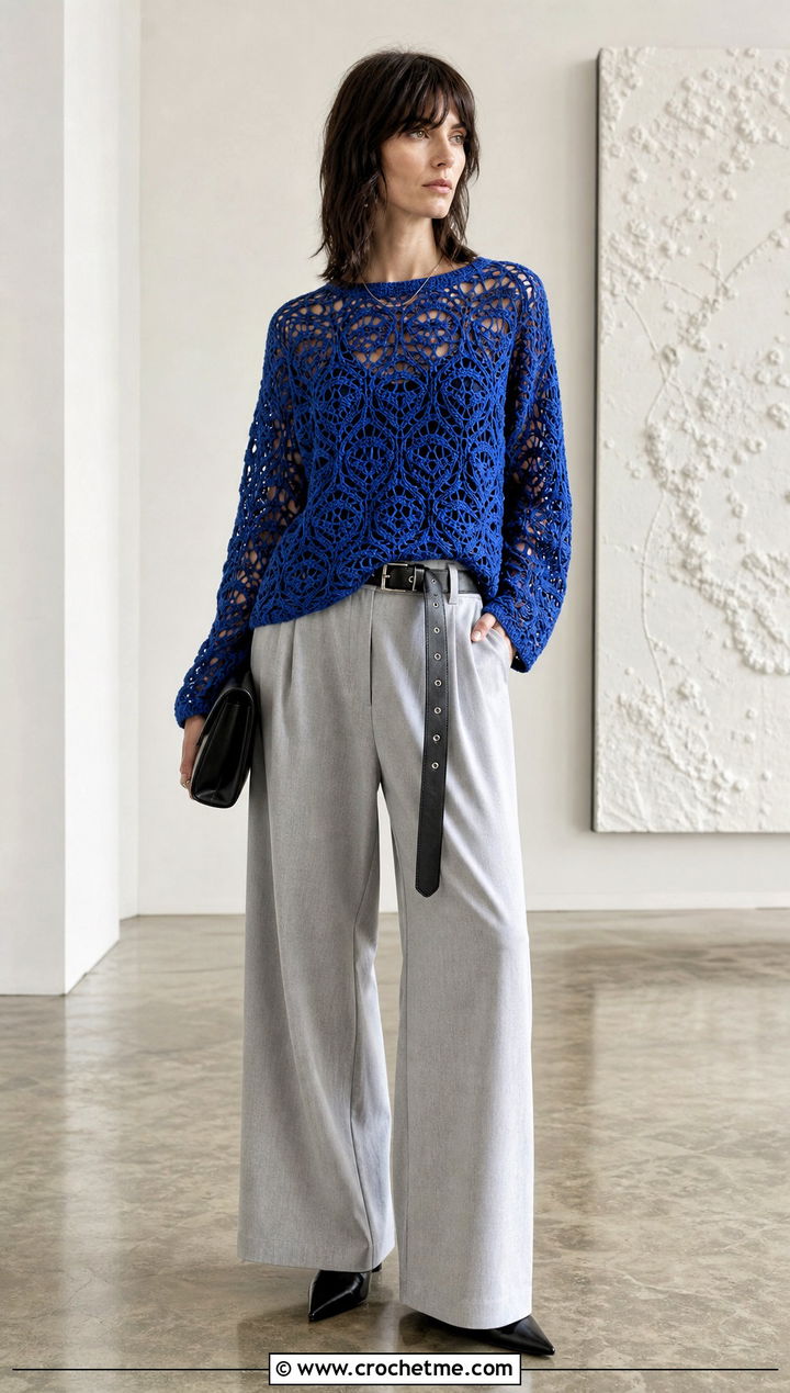 Lace Stitch Crochet Sweater With Wide Leg Trousers - 25 alt crochet sweater outfit ideas