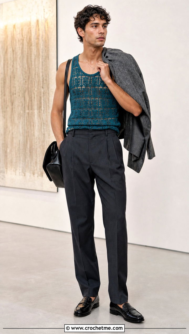 Lace Stitch Crochet Tank Top With Pleated Trousers - 25 crochet mens tank top outfit ideas