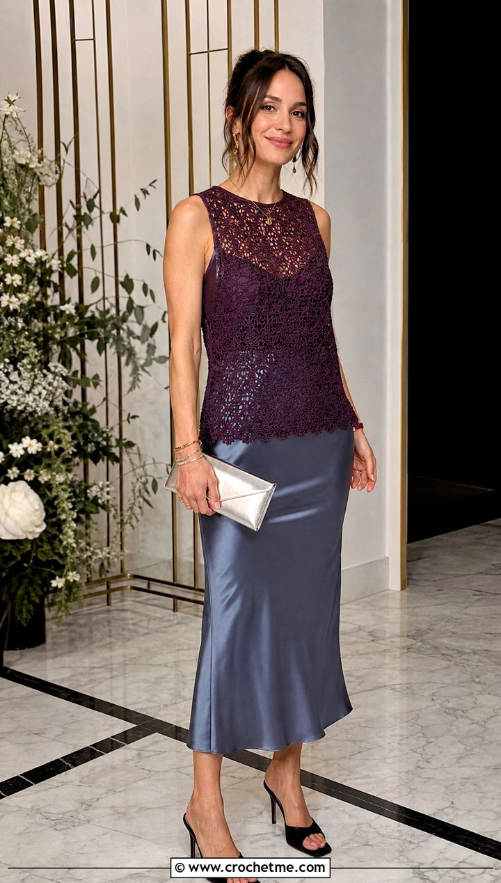 Lace Stitch Crochet Tank Top With Satin Midi Skirt - 25 Quick Crochet Tank Top outfit ideas