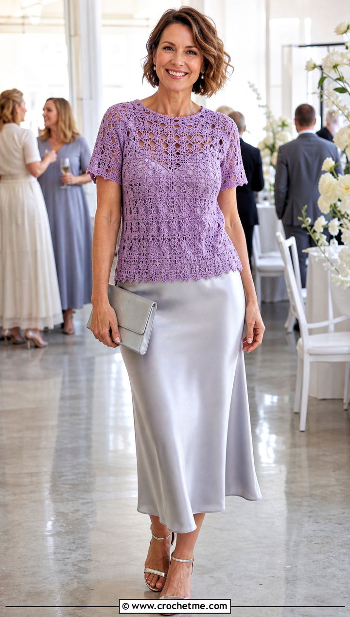 Lace Stitch Crochet Tee With Silk Midi Skirt - 35 crochet tee shirt outfit ideas