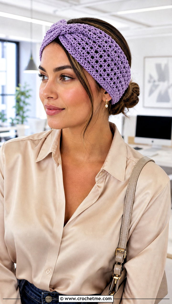 Lace Stitch Crochet Twist Headband With Satin Blouse - 30 crochet twist headband outfit ideas