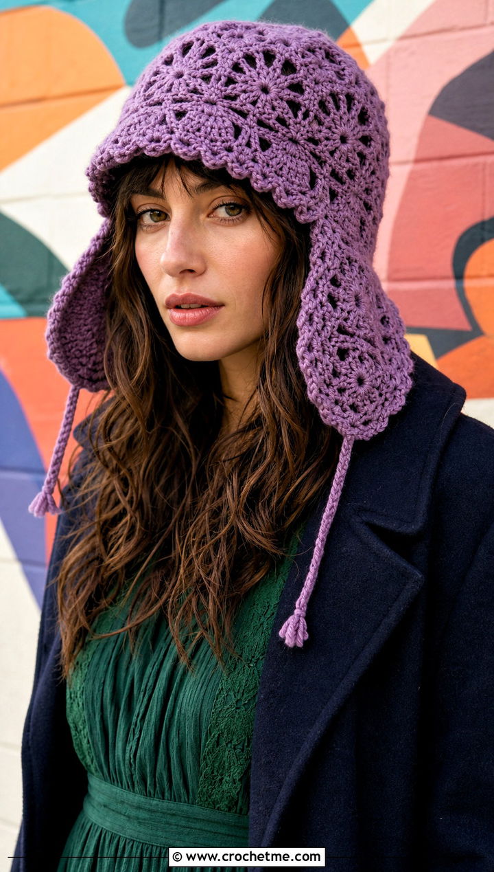 Lace Stitch Crochet Ushanka With Maxi Dress - 35 crochet russian hat outfit ideas