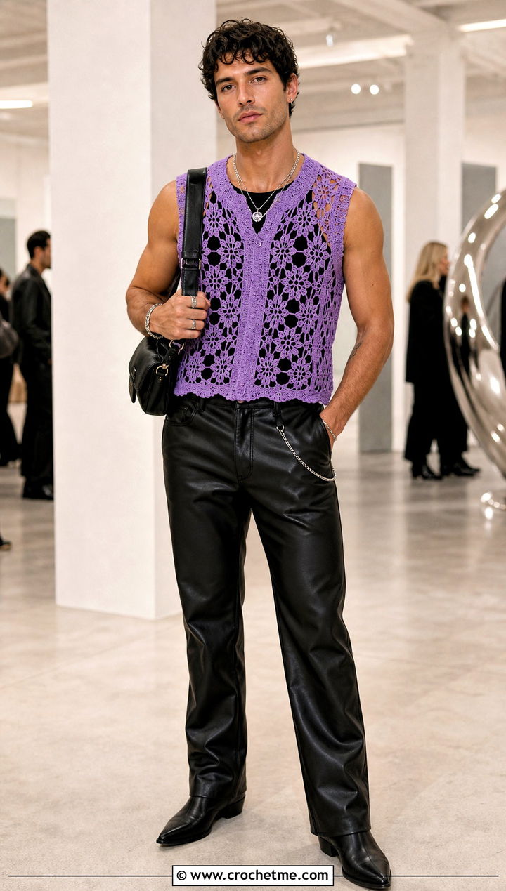 Lace Stitch Crochet Vest With Leather Pants - 30 men's crochet vest outfit ideas