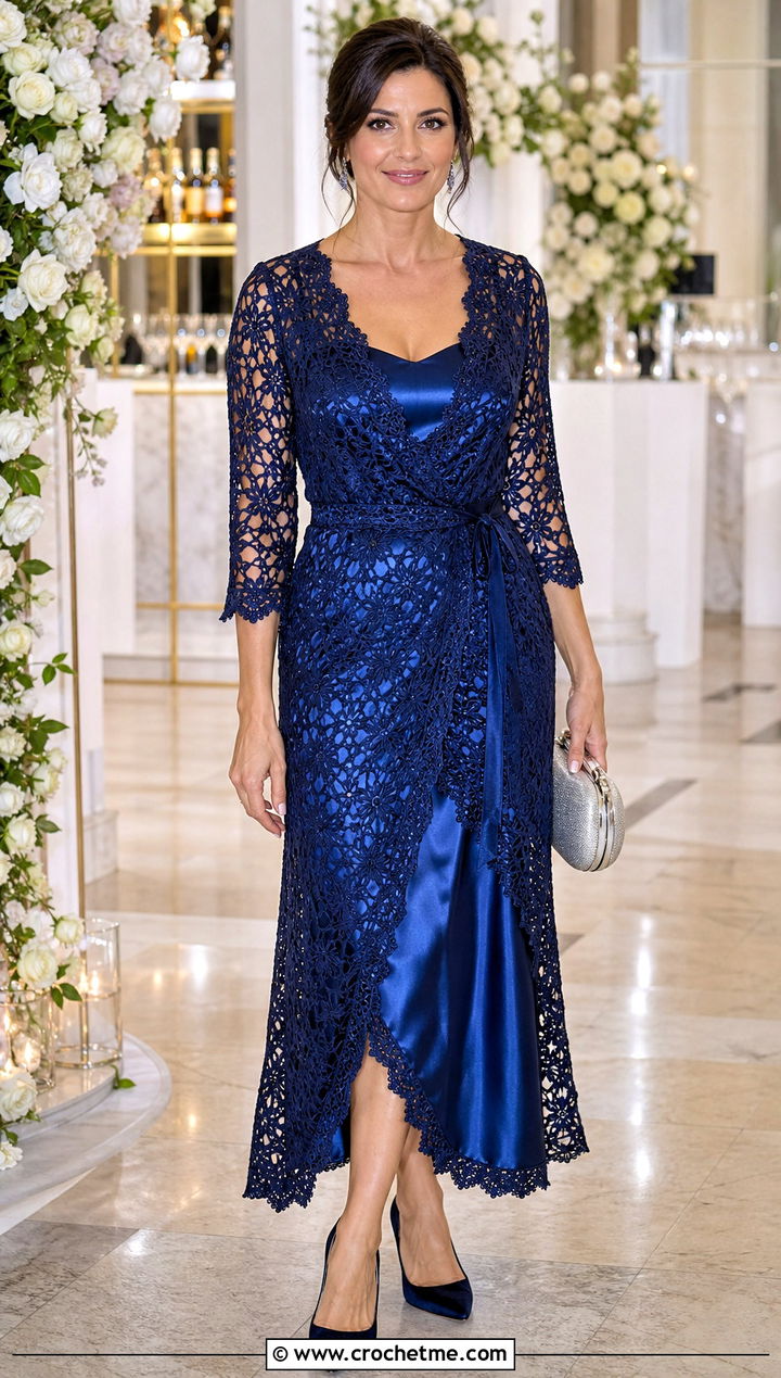 Lace Stitch Crochet Wrap Dress With Satin Slip - 35 crochet wrap dress outfit ideas