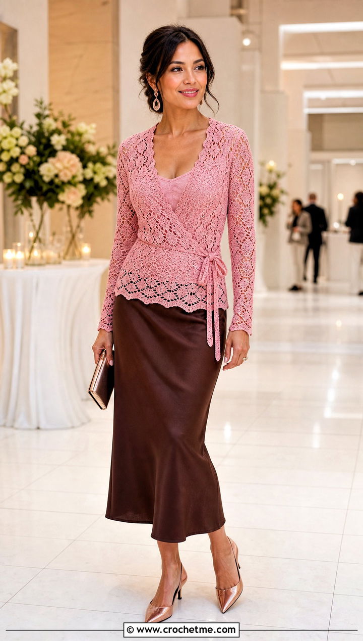 Lace Stitch Crochet Wrap Shirt With Satin Midi Skirt - 30 crochet wrap shirt outfit ideas