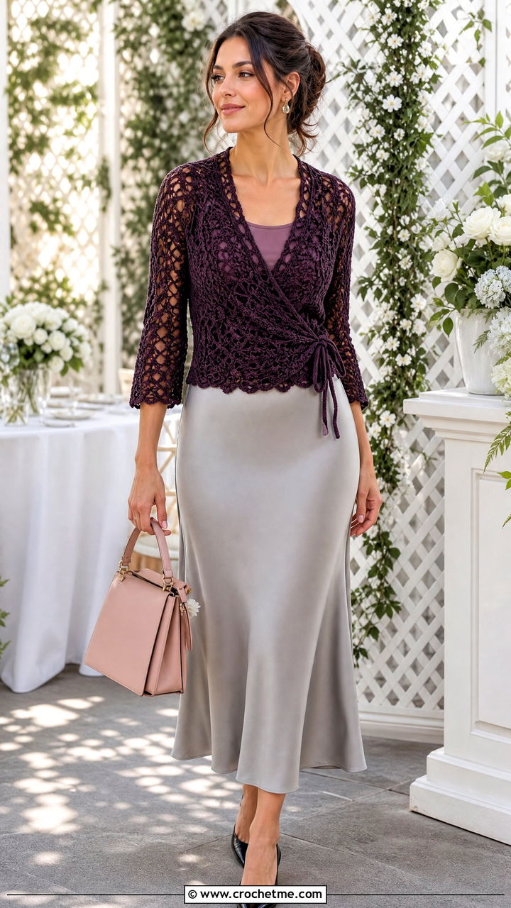 Lace Stitch Crochet Wrap Top With Bias Cut Midi Skirt - 35 crochet wrap top outfit ideas