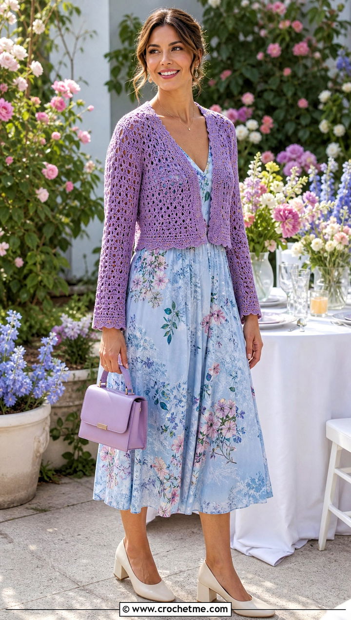 Lace Stitch Cropped Crochet Cardigan With Tea Dress - 35 cropped crochet cardigan outfit ideas